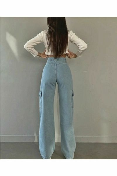 Trn JNS Jasmin Light Blue Cargo Džínové kalhoty bez kapes z lycry se super vysokým pasem