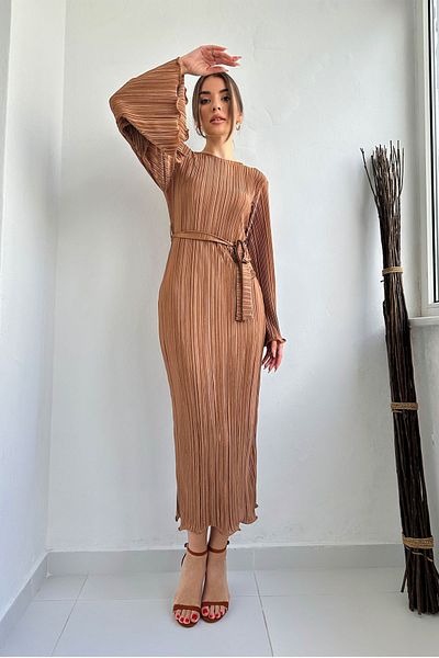 Seda Yalçın Atelier Brown Spanish Sleeve Pleated Belted Dress