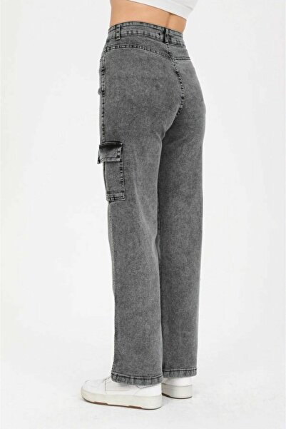 Livik Cataniza Lycra 90's Smoked Cargo Pocket No Back Pocket High Waist Loose Leg Denim Denim Palazzo Trousers