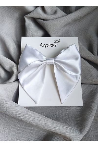 asyakuş مشبك تلقائي بفيونكة نسائية من الساتان الأبيض