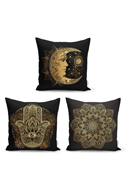 Realhomes Set of 3 Throw Pillow Covers with Gold Mandala Drawing on Black Bac...