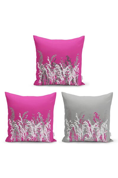 Realhomes Gri Ve Fuşya Renklerde Ağaç Tasarımlı Modern Dekoratif 3'lü Kırlent...