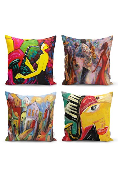 Realhomes Çift Taraflı Soyut Sulu Boya Çalışması Tasarımlı 4'lü Süet Kırlent ...