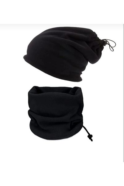 FATELLA Unisex Fleece Neck Collar & Beret Set of 2, Single Size Black