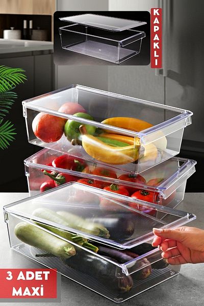 Nandy Home Maxi Tall Clear Organizer Ψυγείου & Ντουλάπας με Καπάκι - 3 Τεμάχια