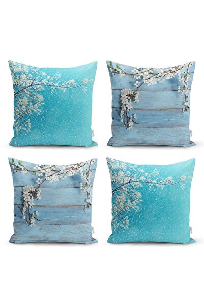 Realhomes Mavi Zeminde Dal Ve Çiçek Tasarımlı 4'lü Kırlent Kılıf Seti