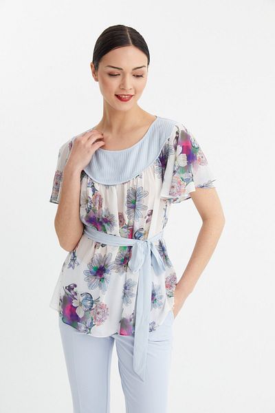 Balizza Blz-patterned Short Sleeve Blouse with Belt Detail on the Waist