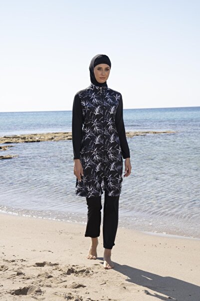 Estiva Γυναικείο ολόσωμο μαγιό με φερμουάρ με φύλλα μοτίβο μαύρο χιτζάμπ