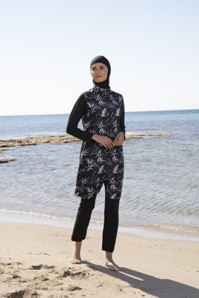 Estiva Γυναικείο ολόσωμο μαγιό με φερμουάρ με φύλλα μοτίβο μαύρο χιτζάμπ