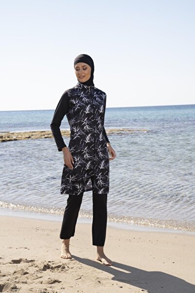Estiva Γυναικείο ολόσωμο μαγιό με φερμουάρ με φύλλα μοτίβο μαύρο χιτζάμπ