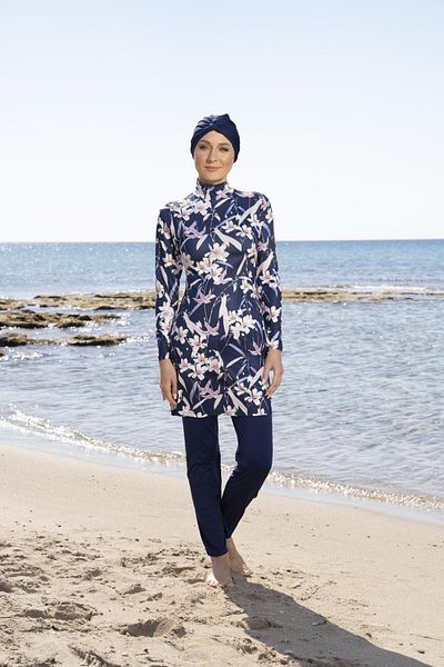 Estiva Women's Full Covered Pants Floral Patterned Hijab Swimsuit - Navy Blue