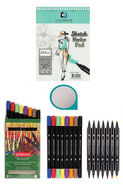 GLANCE Alex Marker Sketchbook 200gr A5 40yp Spiraled Derwent Academy Double Sided Felted Pencil 8 Colors