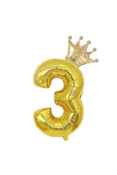 Patladı Gitti 3 Gold Numbers and King Crown Foil Balloon Birthday Party Celebration Set