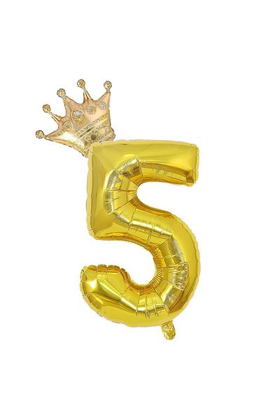 Patladı Gitti 5 Gold Numbers and King Crown Foil Balloon Birthday Party Celebration Set