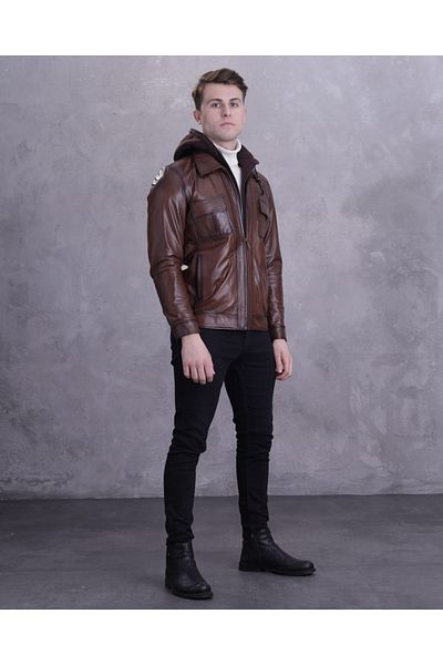 CE-YIL DERİ ÜRÜNLERİ Men's Genuine Leather Hooded Sports Coat