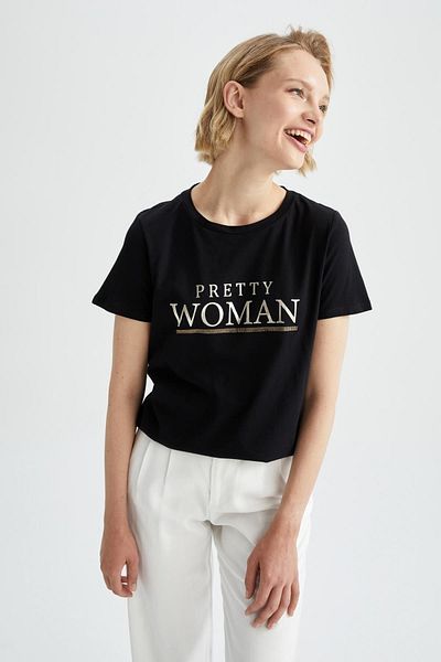 DeFacto Regular Fit Crew Neck Slogan Printed Short Sleeve T-Shirt