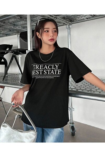 AFROGİYİM Ženske crne treacly Štampano Oversize kroj T-shirt