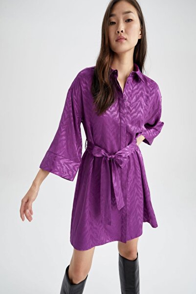 DeFacto Koszula z klapami, żakardowa mini satynowa sukienka z długim rękawem Z4398az22cw