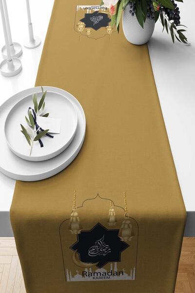 Pilloveland Runner Ramadan Golden Patterned Suede Woven 140*40 cm Ramadan Kareem