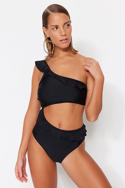 Trendyol Collection Black Single Shoulder Ruffle Regular Leg Swimsuit TBESS22MA0002
