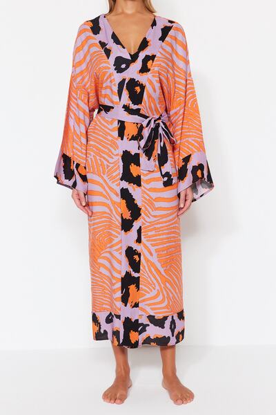 Trendyol Collection Leopard Patterned Maxi Kimono & Kaftan - Belted, Woven TBESS21KM0171