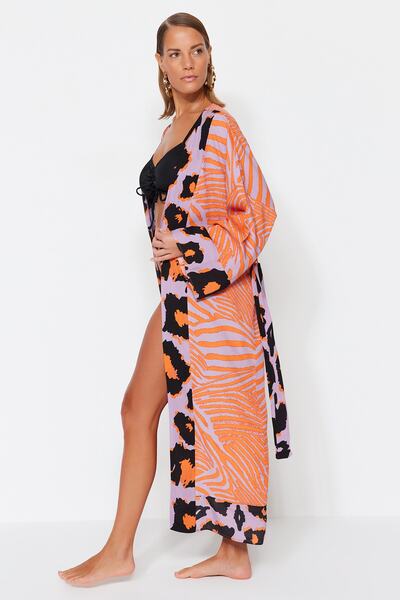 Trendyol Collection Leopard Patterned Maxi Kimono & Kaftan - Belted, Woven TBESS21KM0171