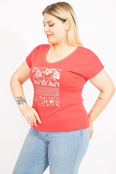 Şans Γυναικεία μπλούζα Ρόδι μεγάλου μεγέθους V-λαιμόκοψη μπροστά εμπριμέ 65n35655