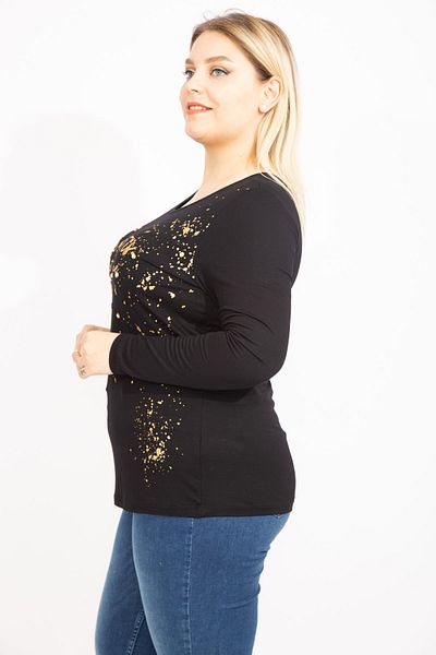 Şans Women's Black Large Size Lacquer Printed Crew Neck Long Sleeve Blouse 65n35659