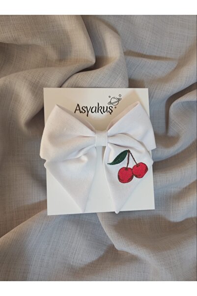 asyakuş مشبك أوتوماتيكي بفيونكة بيضاء مطرزة بالكرز