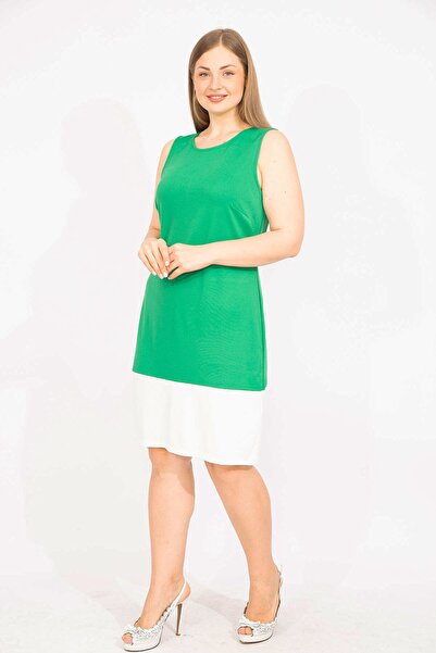 Şans Women's Green Plus Size Color Combination Dress 65n35678