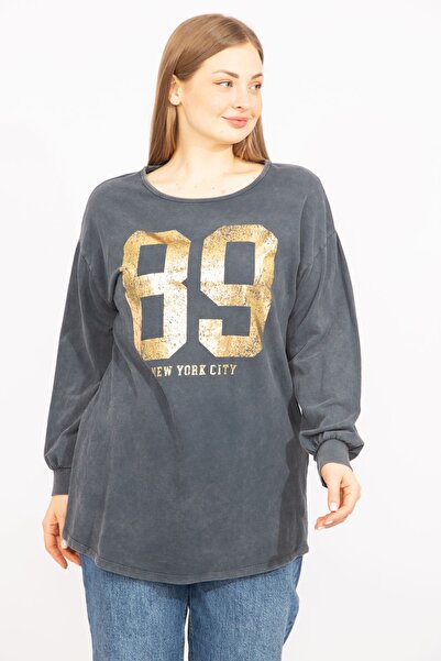 Şans Women's Smoked Large Size Lacquer Printed Sweatshirt 65n35647