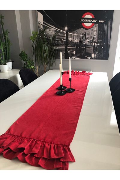 Decamor home Velvet Textured Carefree Red Ruffle Runner Christmas Special