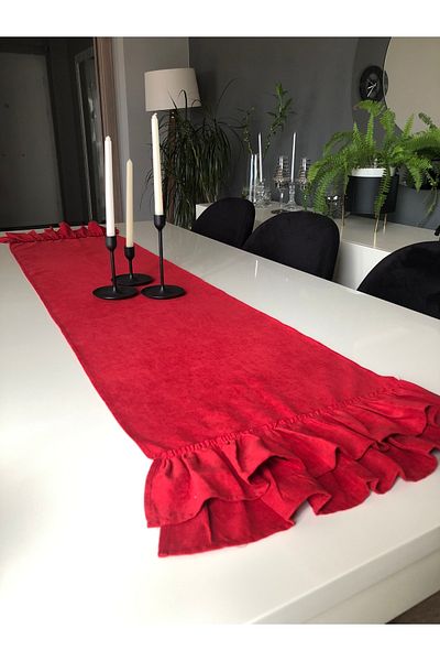 Decamor home Velvet Textured Carefree Red Ruffle Runner Christmas Special