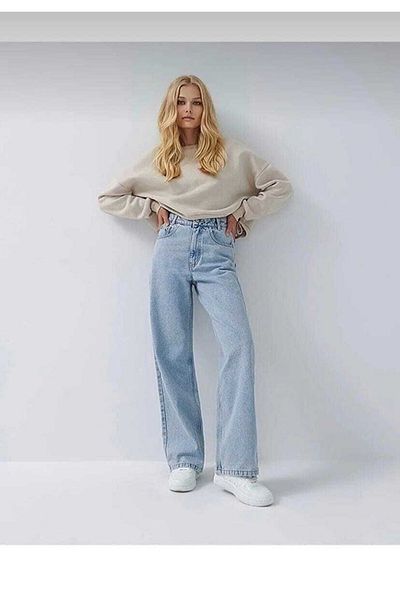 sinembutik Blugi din denim cu talie super înaltă, albastru deschis, spălat cu zăpadă