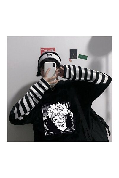 Touz Jujutsu Kaisen Eyes Anime Desenli - Unisex Чорна Oversize футболка