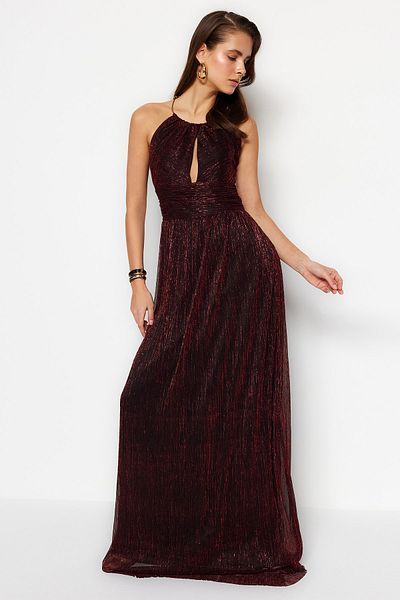 Trendyol Collection Csillogó bordó hosszú estélyi ruha - A-szabású, bélelt TPRSS23AE00129