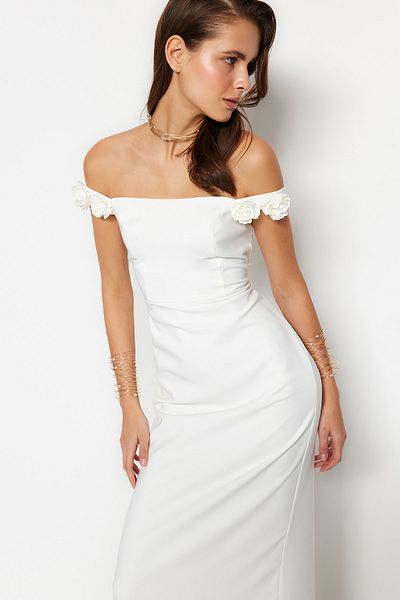 Trendyol Collection Πλεκτό αξεσουάρ γάμου με φόδρα εκρού/Nikah μακρύ βραδινό φόρεμα TPRSS23AE00044