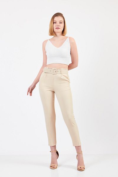 Volanlı Beige Carrot Trousers with Belt