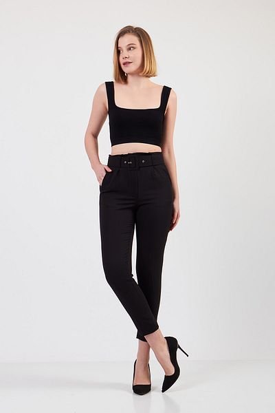 Volanlı Belted Black Carrot Trousers