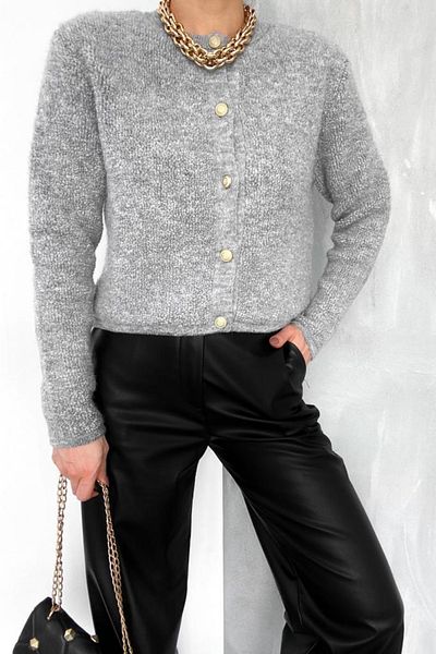 FEMELLE Women's Gray Crew Neck Gold Buttoned Teddy Cardigan