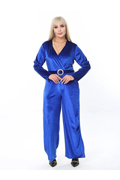 ViolettaXL Women's Plus Size Buckle Belted Double Breasted Collar Stretchy Velvet Jumpsuit