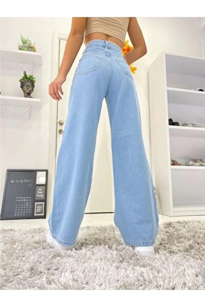 MAKRAS EXCLUSIVE Morena Ice Blue Power Lycra Super High Waist Loose Jeans Palazzo Trousers