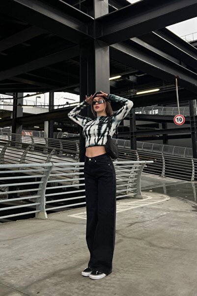 MAKRAS EXCLUSIVE Milano Ikon 90's Black Lycra Super Extra High Waist Palazzo Loose Jean Trousers