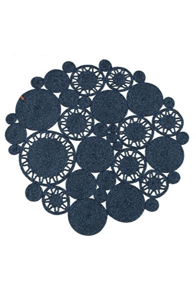 TurQhouse Doğal Hasır Yuvarlak Jüt %100 El Örmesi Özel Geometrik Çiçek Tasarı...