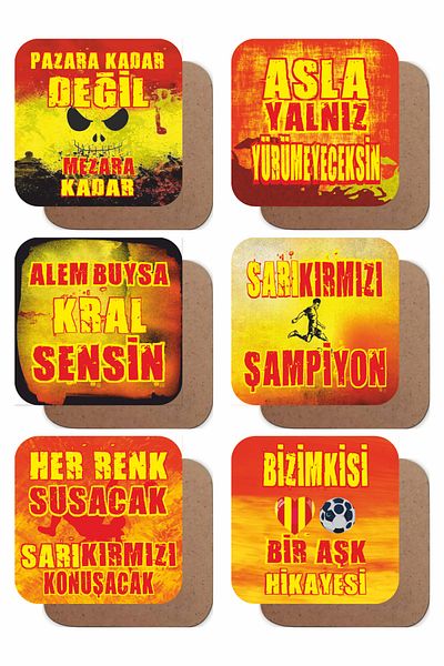 Hayat Poster Yellow Red Football Team Fan Set of 6 Wooden Coasters Kitchen Decoration