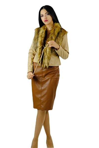 Sentt Deri Yakası Kürklü Ceket Krem