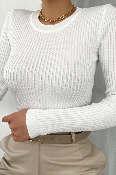 FEMELLE Γυναικεία Λευκή Πλεκτή Μπλούζα Standard Size Basic Ribbed