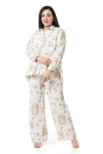 DISENTIS MODEST Linen Beige Plus Size Shirt and Trousers Set