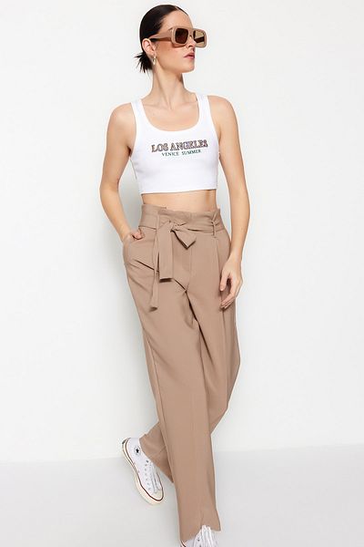 Trendyol Collection Mink Belted Straight Cut Woven Trousers TWOSS23PL00199