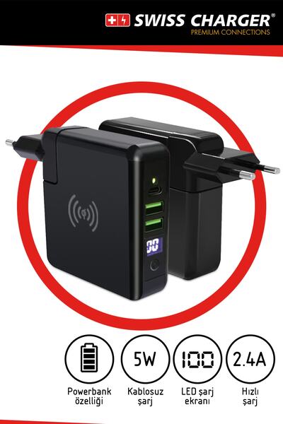 SWISS CHARGER Kablosuz Şarj Ekranlı Powerbank Adaptör 3in1